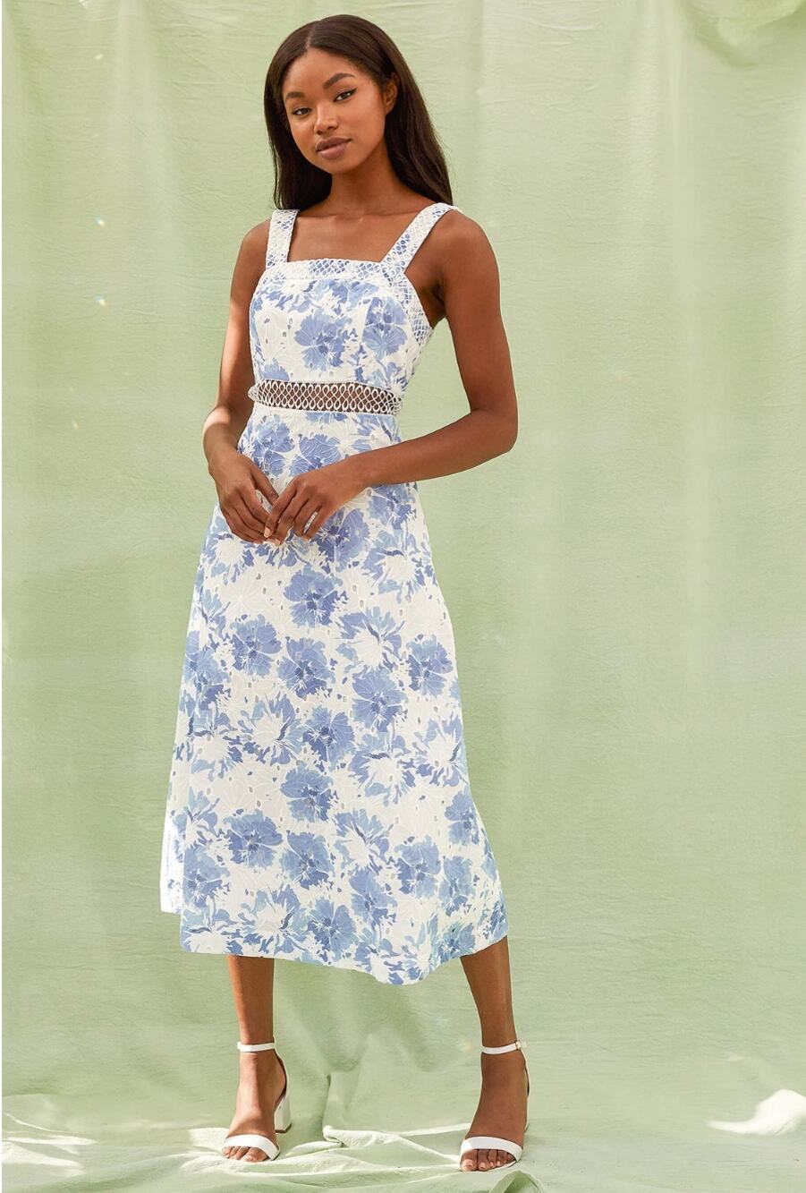 Lulus Blue Floral Midi Dress Lace Waist Cottagecore Garden Party XL